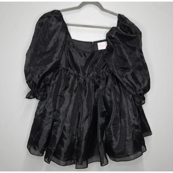 Selkie The Caviar Black Puff Dress Sz S Organza Babydoll Square Neck Fairycore - Picture 2 of 8